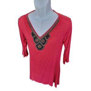 NWT WHITE MARK Women's Med Brick Red Beaded Top